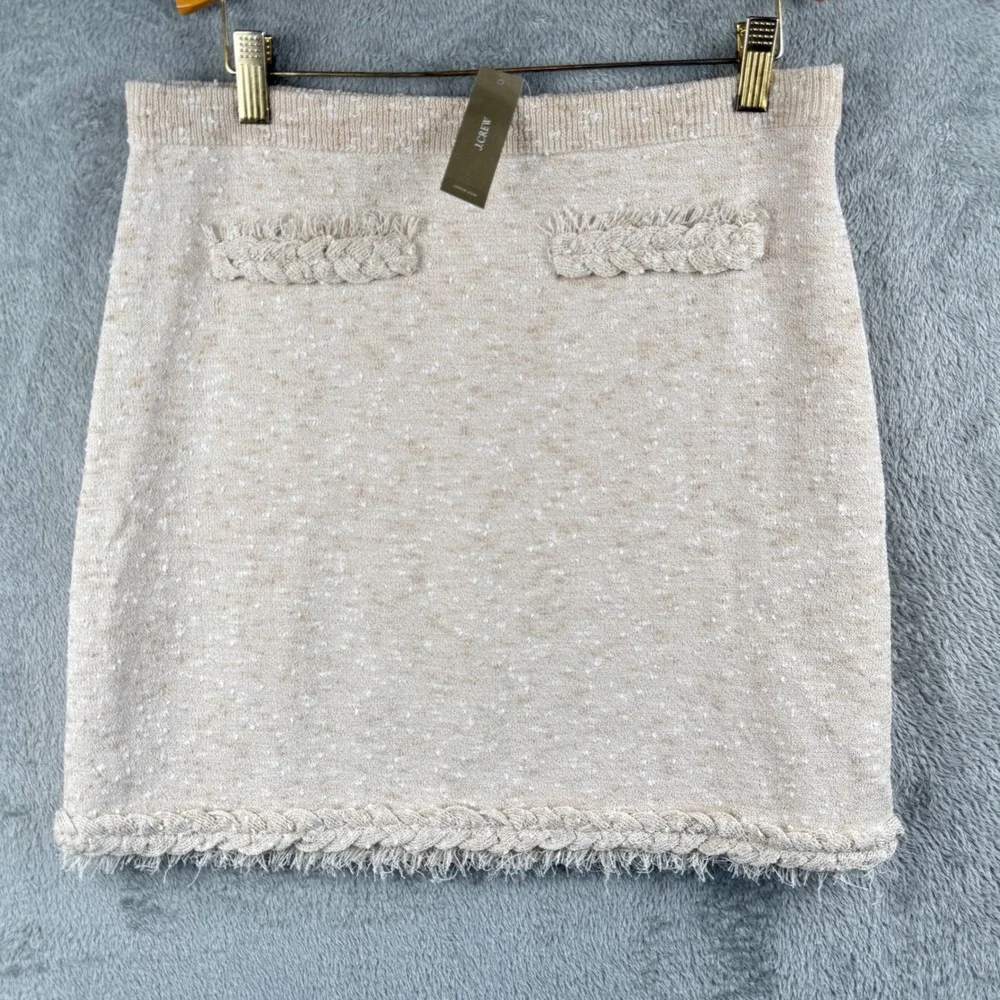 J.Crew Skirt Tweed‎ Knit Womens M Mini Frayed Hem Pockets Beige Career NWT